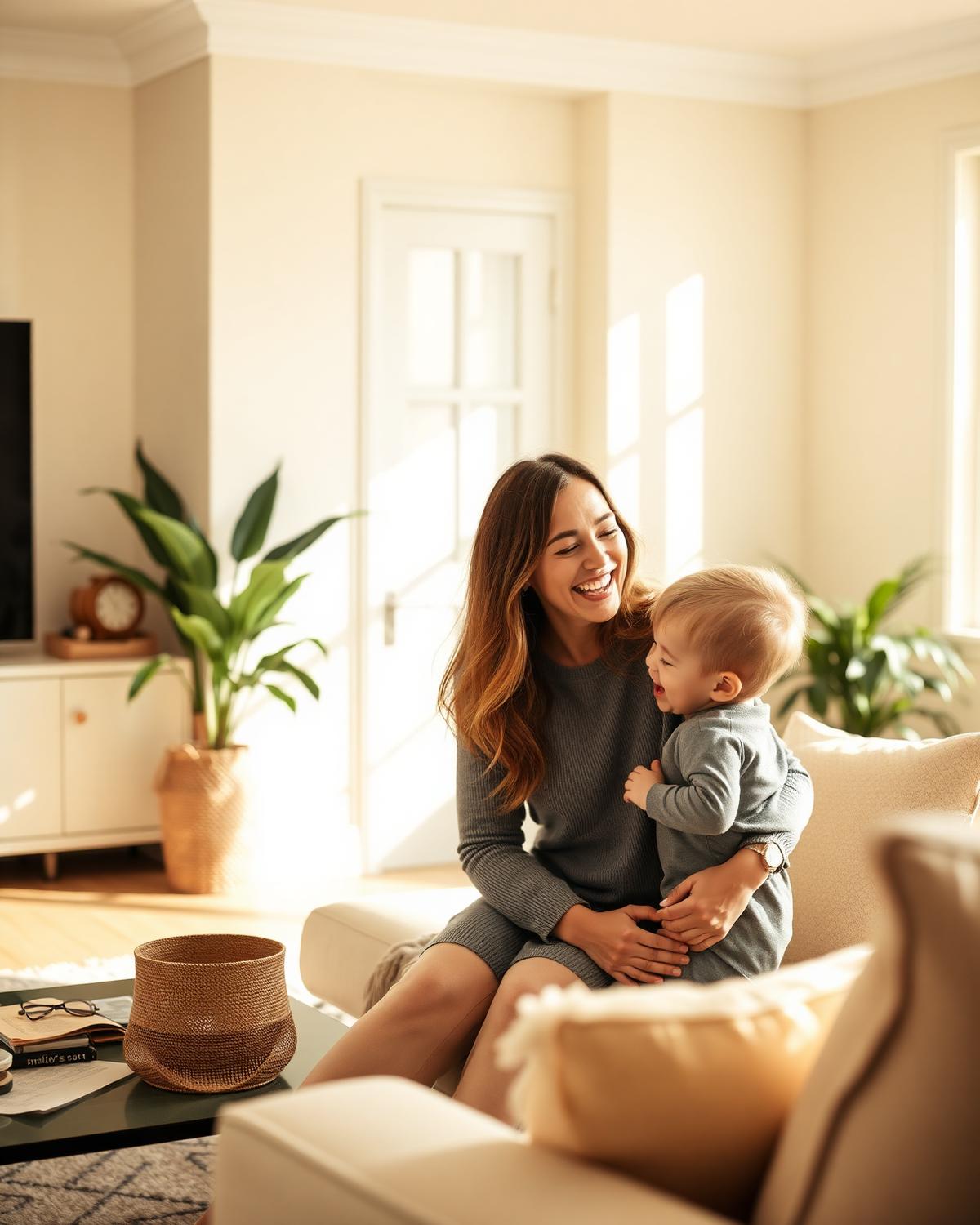 A mother and young child laughing together in a sunlit living room